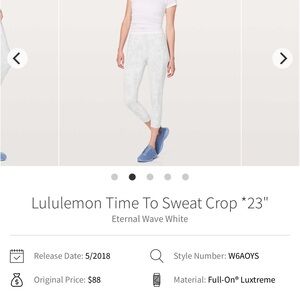 Lululemon Athletica Time to sweat crop Eternal Wave White Leggings